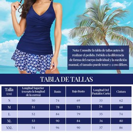 AUTOWT Trajes de Baño Tankini para Mujer, Trajes de Baño de 2 Piezas con Control de Abdomen, Camiseta sin Mangas con Cuello en V y Falda Inferior, Tankini Cintura Alta para Mujeres y Niñas