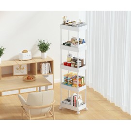 Sooyee 5-Tier Plastic Rolling Utility Cart with Wheels, Multi-Functional Storage Trolley for Office, Living Room, Kitchen, Movable Storage Organizer with Wheels,White