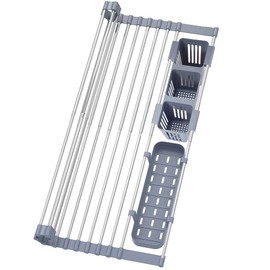 BBXTYLY Expandable Roll Up Dish Drying Rack Up to 22.8''with 2 Storage Baskets,Over The Sink Kitchen Rolling up Dish Drainer Drying Rack, Foldable,Rollable,for Kitchen Dishes(Expandable Width Size)
