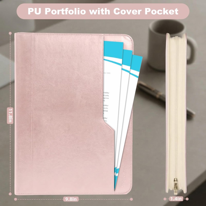 Zippered Padfolio with 3-Ring Binder & Clipboard, PU Leather Portfolio