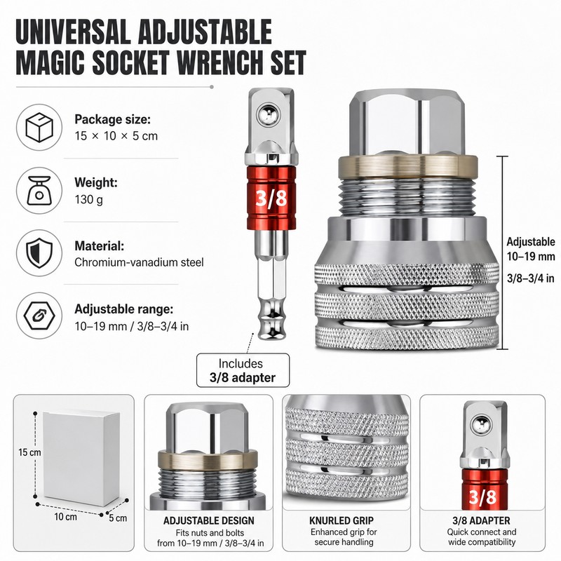 Universal Adjustable Socket Wrench for Repairs – 10–19mm Ratchet Adapter