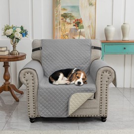 XINEAG Quilted Sofa Covers 1 Seater, Water Resistant Chair Covers for Dogs Pets, Non Slip Sofa Slipcovers with Pockets, Washable Furniture Protector with Elastic Strap (Chair, Light Grey)