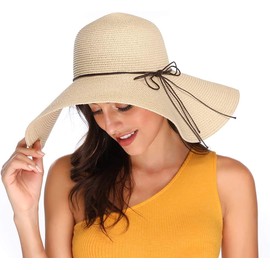 Lanzom Womens Wide Brim Straw Hat Floppy Foldable Roll up Cap Beach Sun Hat UPF 50+
