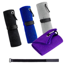 4 PCS Microfiber Golf Towels, Waffle Pattern Towels with Clip and 4 Magic Strap, Cotton Golf Cleaning Towel Superior Water Absorption and Quick Dry for Men Women - Black, Purple, Grey, Blue (30*30cm)