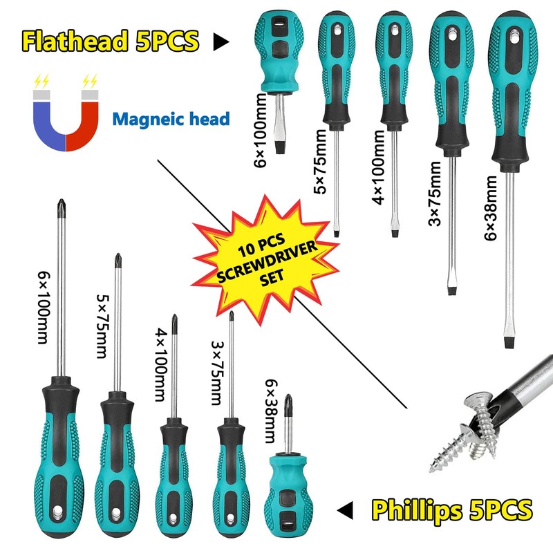 10-Piece Magnetic Phillips Screwdriver Set, Slotted Screwdriver, Screw Driver, Screwdriver