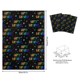 Boerni Happy Birthday Gradient Light Color On Black Wrapping Paper For Kids Girls Boys Women Men, 6 Sheets Little Star Print Folded Flat 20x28 inches per sheet
