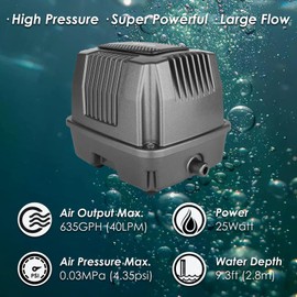 VCRAZE Powerful Linear Air Pump, KP-40 Pond Air Pump Pond Aerator, 635GPH Aeration System for Koi Pond Aeration, Aquarium, Waste Treatment, Fish Farm, Seafood Restaurant
