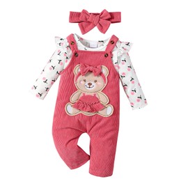 infant Girl fall Outfits 3-6 Months baby winter clothes long Sleeve floral romper rose red bear corduroy Overalls pants