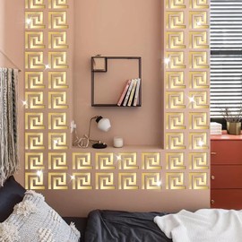 NAILDOKI DIY Wall Decals Acrylic Mirror Sticker Set, Mirror Wall Stickers for Living Room Bedroom Decor (Greek Key Gold)