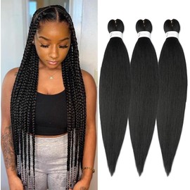Braiding Hair Pre Stretched 24 inch 3 Packs Natural Black Easy Braid Synthetic Professional Soft Yaki Texture, Itch Free, Hot Water Setting Hair Extensions for Braids (24in,1B#)