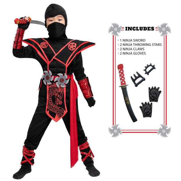 Spooktacular Creations Dragon Ninja Costume for kids, Red Boys Ninja Costume Outfit Set for Halloween Ninja Costume Dress Up Party-3T