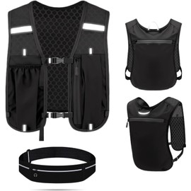 Adjustable men's and women's ultra-lightweight breathable reflective hydration backpack ， ideal for outdoor cycling, marathon, running and hiking (Running Vest + Waist Pack*1)