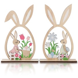 2Pcs Easter Decorations for the Home Wooden Bunny Decor Sign Farmhouse Rustic Bunny with Egg Easter Tiered Tray Decor Spring Decorations for Table Indoor Home Party