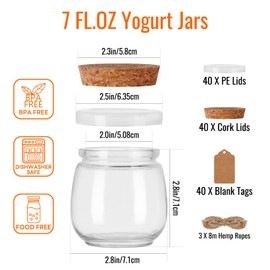 STARSIDE 40 Pack 7 oz Glass Yogurt Jars with Cork Lids and PE Lids,Small Glass Candles Jars,Honey Pudding Jars with PE Lids for Wedding Favor