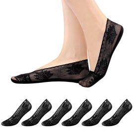 Women No Show Socks - 6 Pairs Non Slip Lace Invisible Liners Ladies Ultra Low Cut Liner Lace Boat Socks for Sneakers
