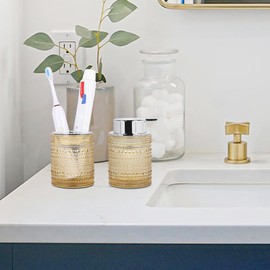 Tonxus Amber Bathroom Accessory Set, Glass Toothbrush Holder and Soap Dispenser Set, Glass Foaming Soap Dispenser and Toothpaste Holder, Bathroom Accessories for Guestroom Decor