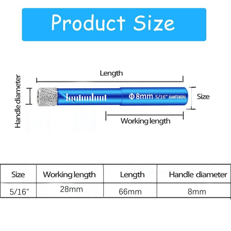 Dry Diamond Core Drill Bit Set 5/16" (8mm), Diamond Hole