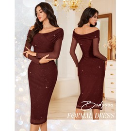 BeryLove Off Shoulder Classy Wedding Guest Dresses Sparkly Long Sleeve Midi Cocktail Ruched Bodycon Mesh Evening Gown Maxi Sequin Stretch Cross Wrap Bust Baby Shower Dress Burgundy L