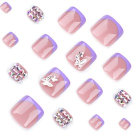24 Pcs Purple French Pink Press on Toenails - YEFIUO Press on Toe Nails Fake Nails Nail Art Tips Full Cover Acrylic False Nails with 3D Rhinestone Butterfly Charms Design Nails Press ons Glue on Nails