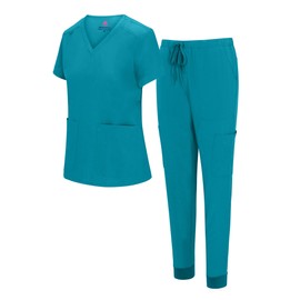 Natural Uniforms Womens Essential Cool Stretch Jogger Scrub Set (Teal, Large)