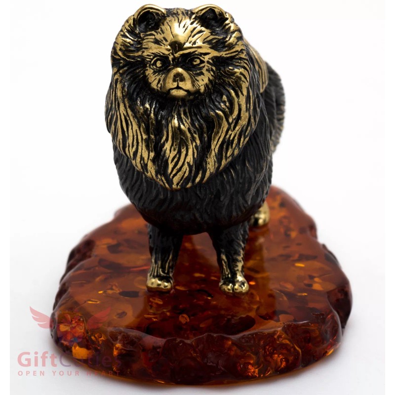 Solid Brass Amber Figurine of Pomeranian Spitz dog IronWork