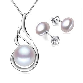Treasure Bay Women's Pearl Jewellery Set Classic AA Grade 8-9mm Freshwater Pearl Necklace and Earrings Jewellery Set (White -Design 1)