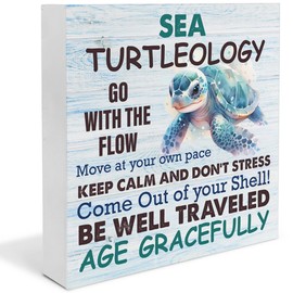 Turtle Sign Decor Sea Turtleology Wood Block Sign Home Beach House Desk Table Shelf Decoration