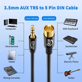 Type A 3.5mm 1/8 Inch AUX TRS to 5-Pin DIN MIDI Audio Cable 4 Ft, Professional Shielded Adapter Cord Gold-Plated for Sound Card Speaker Amplifier Mixer Keyboard Piano Drum Guitar Bang &Olufsen+5 Ties