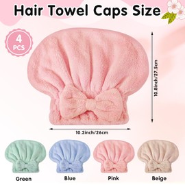 IJRPLM 4 Pack Microfiber Hair Towel Cap,Super Absorbent Hair Towel Wrap Drying Hair Cap,Soft Microfiber Hair Drying Towel Cap with Bow-Knot,Anti Frizz Hair Turban Wrap for Curly Long Wet Hair