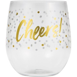 Elise Plastic 14-Ounce Stemless Wine Glass Tumblers, Cheers