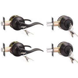 KNOBWELL 2 Pack Keyed Alike Door Lever Handle with Single Cylinder Deadbolt, Oil Rubbed Bronze Exterior Door Knob Lock Set with Deadbolt, Front Door Entry Lever Lockset and Deadbolt Combination Set