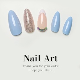 Almond Press on Nails Medium French Tips Fake Nails Blue Acrylic Nails Press ons with Rhinestone Glitter Full Cover Glue on False Nails Gloss Stick on Nails for Women Nails Decoration 24Pcs