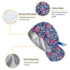 6Pcs Satin Lined Scrub Caps Women Ponytail, Adjustable Surgical Caps for Women, Scrub Hats, Nurse Cap, Nurse Surgical Hat with Button and Sweatband, Elastic Ponytail Pouch Tie Back