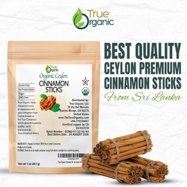 True Organic Cinnamon Sticks 01 Oz, Premium Grade, USDA Organic & Kosher Certified, Non-GMO, Ceylon Cinnamon stick, Perfect for Baking, Cooking, Drinks & Beverages, Pure Ceylon Premium Quality