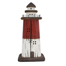 Linfevisi Wooden Lighthouse Decor Tabletop Nautical Decor Solid Wood Light Houses Statue Figurines Inside Standing Coastal Beach Ocean Sea Theme for Home Decor Bathroom (Red - 13 Inch Tall)