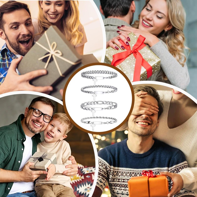 XSDSLS Men's Bracelets, Silver Stainless Steel Cross Bracelets, Glitter Bracelet,