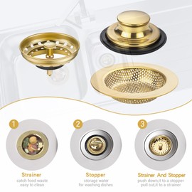 RQYEKDO - Juego de 3 tapones de desagüe para fregadero de cocina, universal antiobstrucción de acero inoxidable con asa, tamiz de filtro de cesta perforada para desagües estándar de 3.5 pulgadas