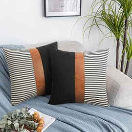 cygnus 26x26 Pillow Covers Set of 2 -Boho Rustic Farmhouse Decorative Throw Pillow Covers for Couch Sofa Bedroom Livingroom,Black Linen Patchwork Faux Leather Couch Covers,Black