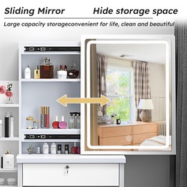 Runboll Makeup Vanity Desk with Lights and Drawers, Dressing Table with 3 Colors Adjustable LED Lighted Mirror, Stool and Storage Shelf for Bedroom