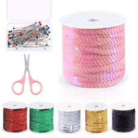 Swpeet 6mm 100 Yard Pink Flat Sequin Strip Teal Sequins Trim Paillette on a Roll and Map Push Pins with Scissors Assortment Kit, Fabric Metallic Stretch Teal Sequin Elastic Trim Embellishments