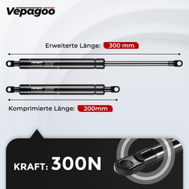 Vepagoo 300 mm 300N gas pressure damper, gas spring, 30 kg gas spring for bed boxes, doors, floor hatches, shed windows and other heavy duty applications, M6 eyelet heads (8 mm diameter), set of 2