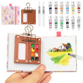 Pocket Watercolour Set, Mini Watercolour Travel Set with Binder Clips, Mini Watercolour Box, Wood Pocket Artist Watercolour Travel Set, Sketchbook Palette Set 8 Grids for Painters, Artists, Students