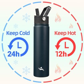 Konokyo Insulated Water Bottle 24oz Stainless Steel Sport Bottles with 3 Lids,Navy Blue