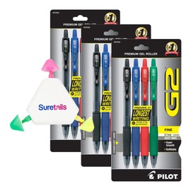 G2 Premium Gel Roller Pens, 1.8 Ounces, Fine 0.7 Mm Pens, Assorted Color Gel Pens, Bundled With Suretails Multicolor Highlighter Pen, Smooth Writing, Comfort Grip, Refillable Pack Of 4 [Packaging May