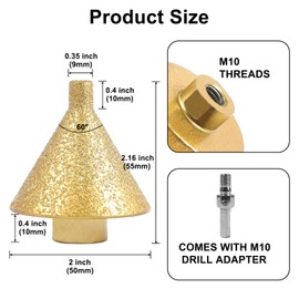 Kodilin Diamond Beveling Chamfer Bits 0-2" Diamond Cone Tile Bit, Angle Grinders Tile Diamond Drill Bit for Hole Enlarging Trimming in Granite Marble Porcelain Ceramic Wood Stone, M10 Thread