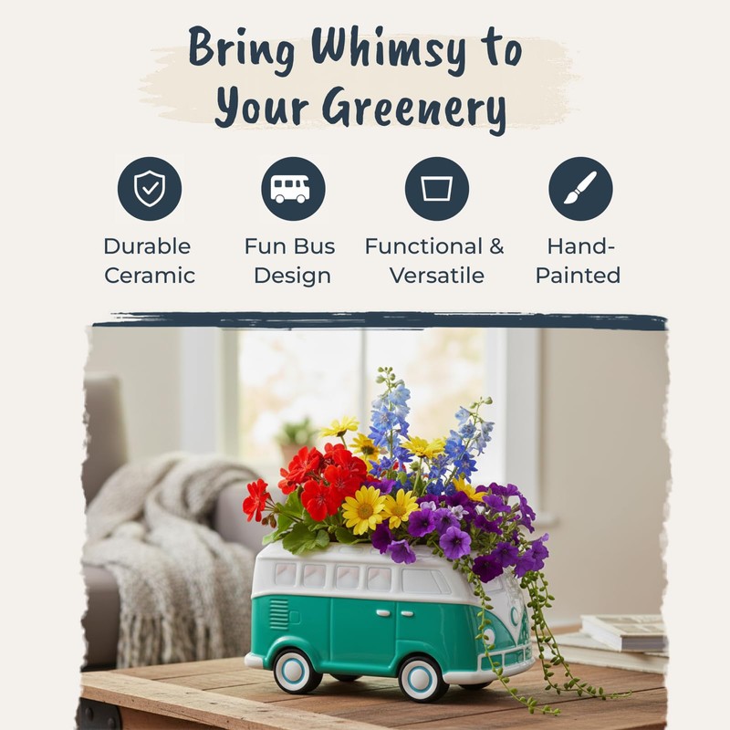 Blue Sky Clayworks Ceramic Bus 7“ Planter, Multi Color