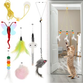 Charniol 8 Pcs Doorway Cat Toys Indoor Feather Cat Toys Door Hanger Toys Interactive Dragonfly Little Mouse Toys Retractable Teaser Toys Kitten Toys for Indoor Play, 6 Styles