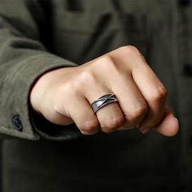 KONFEN Crossover Rings Men, Adjustable Carved Viking Rings for Men Hypoallergenic Material, Unique Texture Vintage Hip Pop Open Rings Thumb Ring Gothic Punk Classic Mens Jewellery, Silver