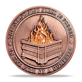 Dumpster Fire Challenge Coin, The Strongest Steel is Forged in The Fire Motivational Token, Funny Gift for Coworkers Friends Collectors, Hilarious Desk Accessories for Tough Days