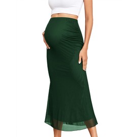 AISWI Maternity Mesh Mermaid Skirt Adjustable Waist Over The Belly Elegant Stretchy Pregnancy Maxi Skirts Spring Summer, Dark Green, Medium